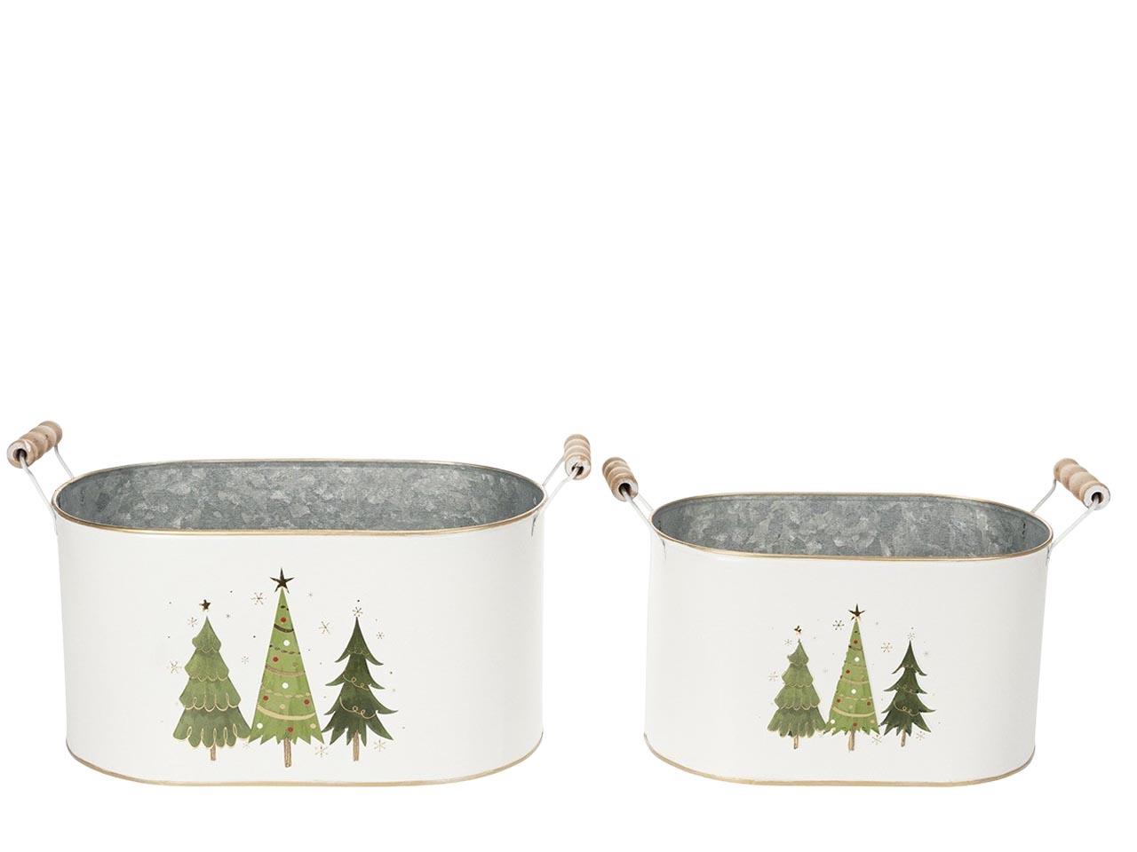 Schale oval Set/2 Tannendekor Metall creme-grün L29,5cm