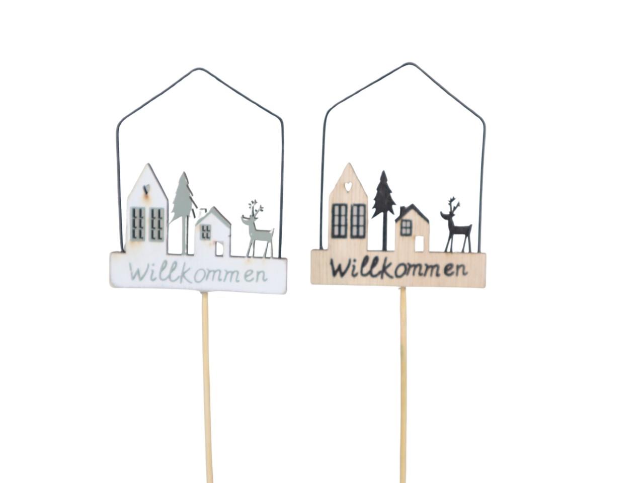 Stecker Häuser Holz/Metall farbmix D7x9cm + Pin