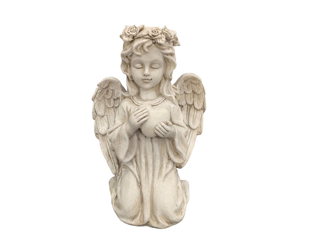 Engel sitzend m. Herz und Blütenkranz Polyresin creme H24cm