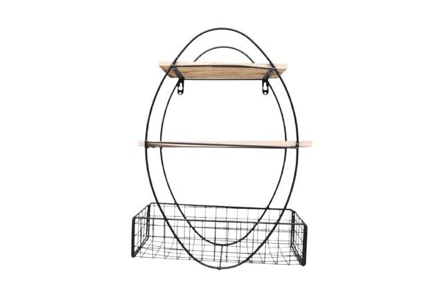 Wandregal oval m. Gitterkorb Metall schwarz/Holz H50cm NETTO