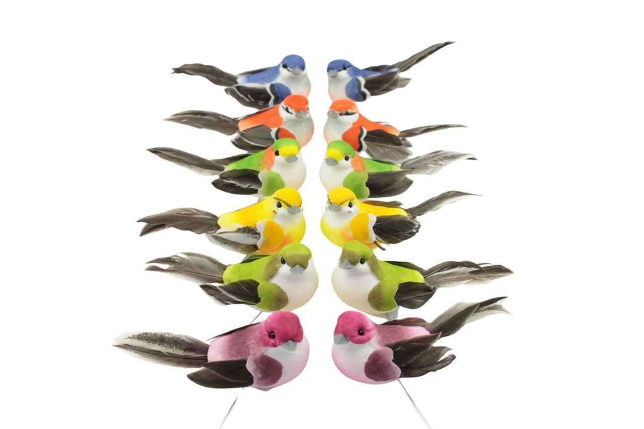 Vogel Berta Styropor 8x4 cm m. 20 cm Draht bunt gem.