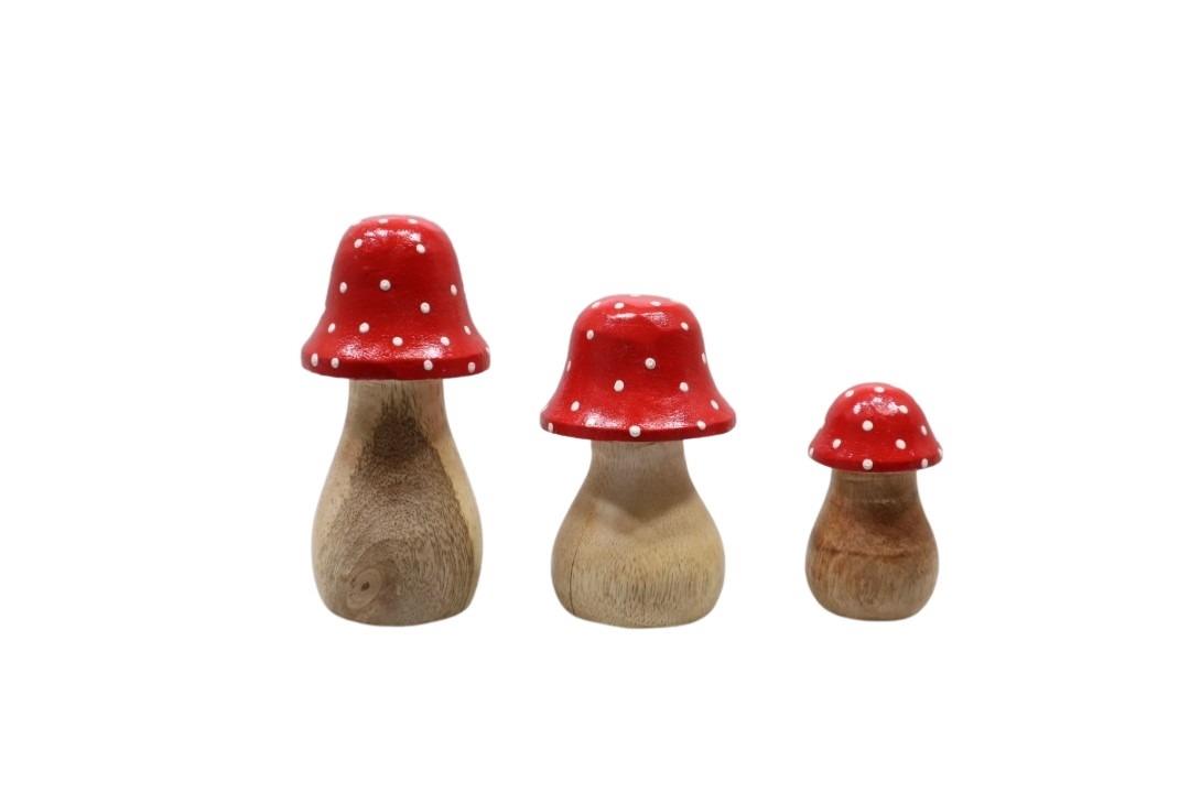 Pilz stehend Mangoholz rot  Set/3 H10/8/6cm