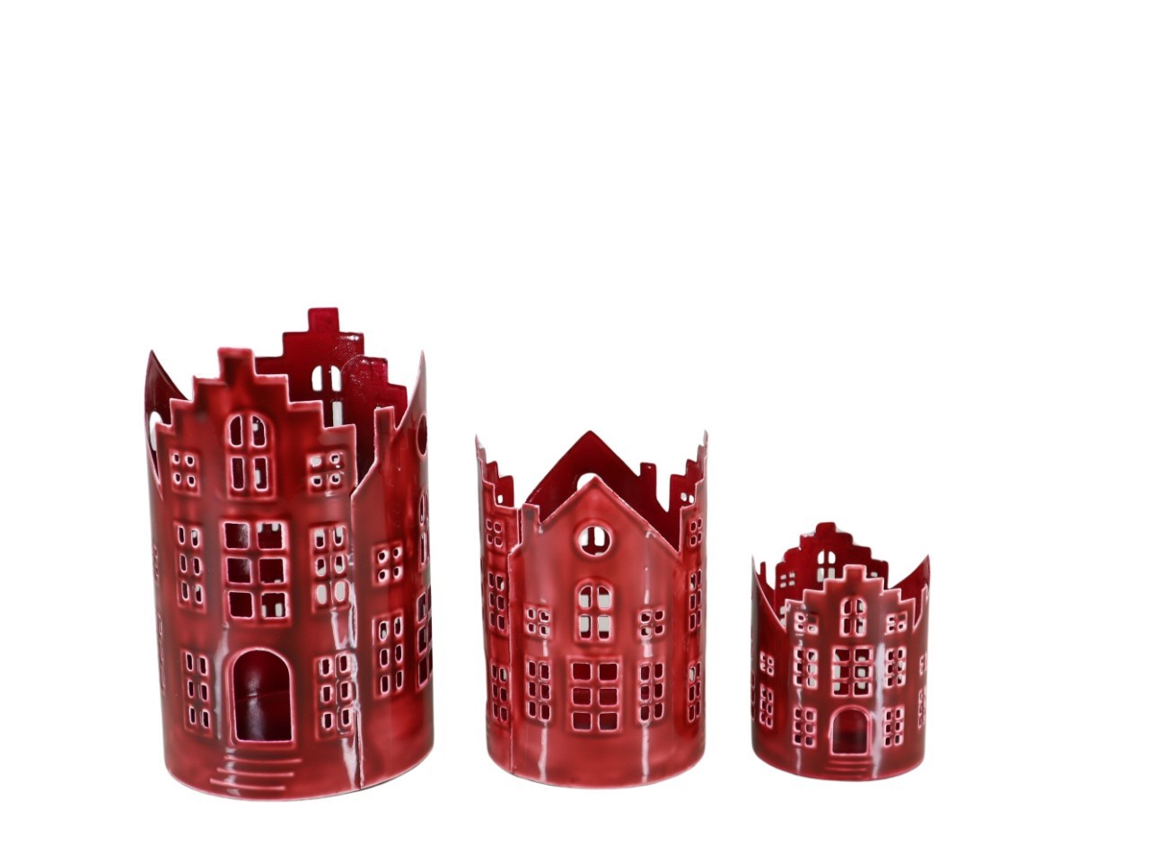 Windlicht Haus rund Set/3 Metall rot-emailfarbe H20,5cm