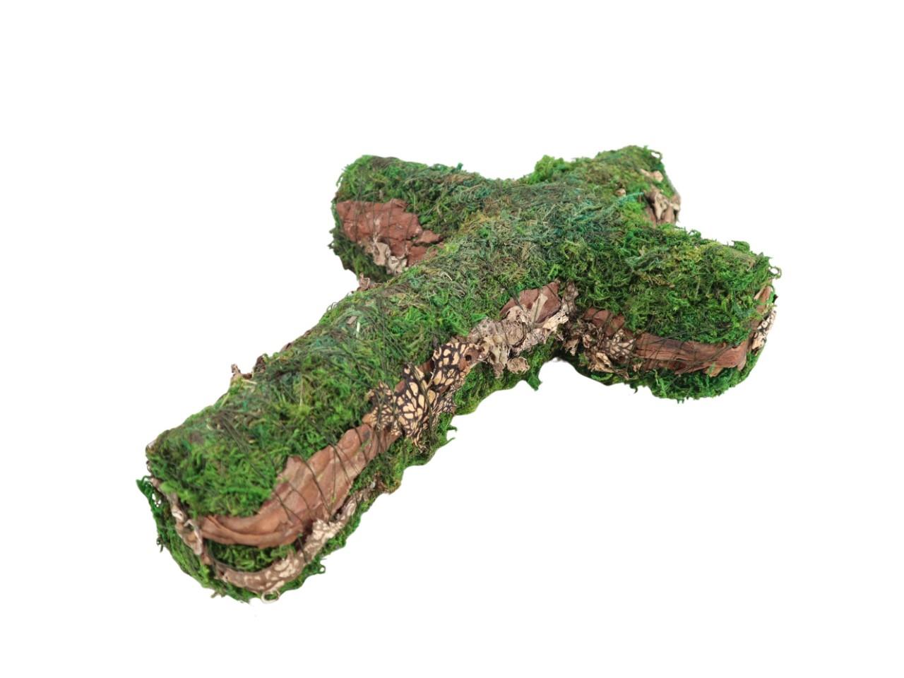 Steckkreuz Moos/Rattan grün/braun 37x26 H7cm