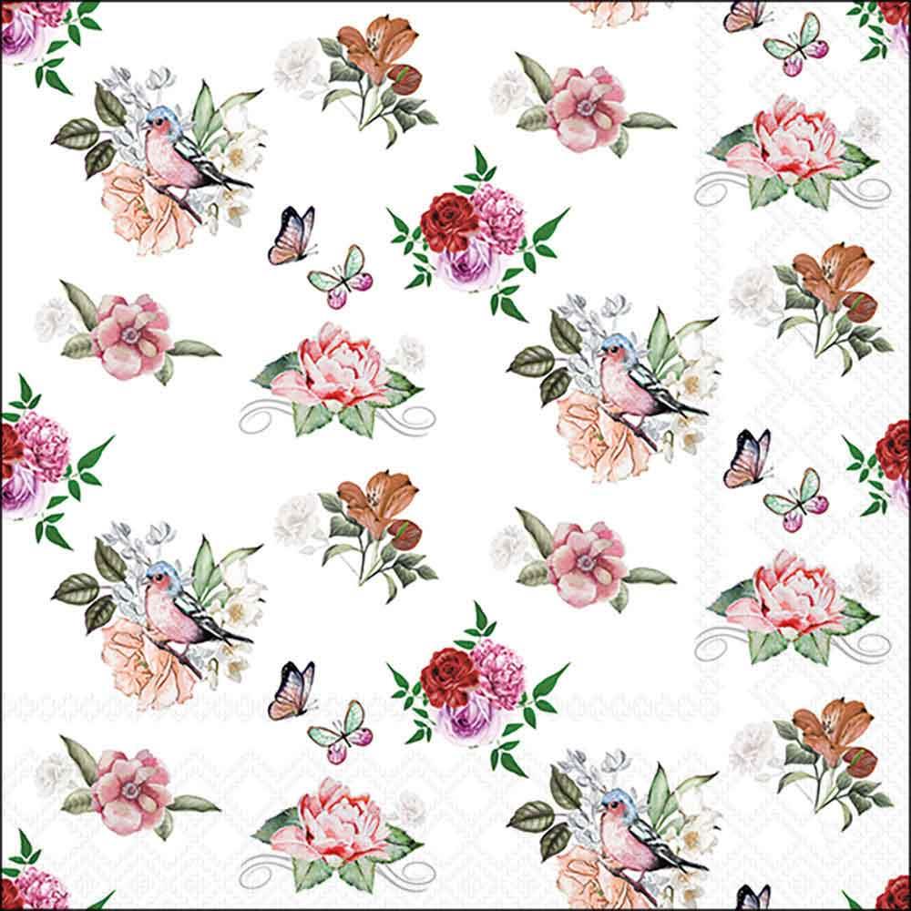 Serviette 33x33 cm Charlotte weiss mit rosa Rosen