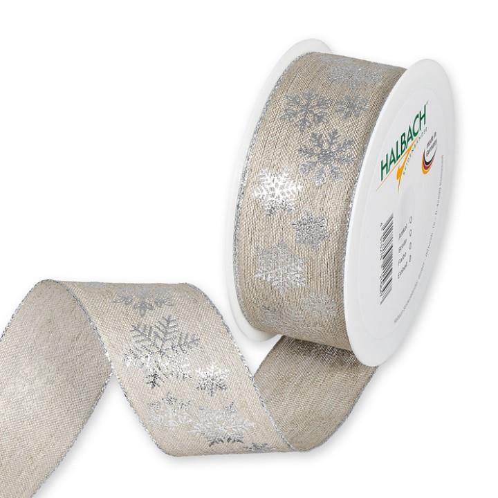 Leinendruckband Schneesterne 40 mm 15 Meter linen/silver 211