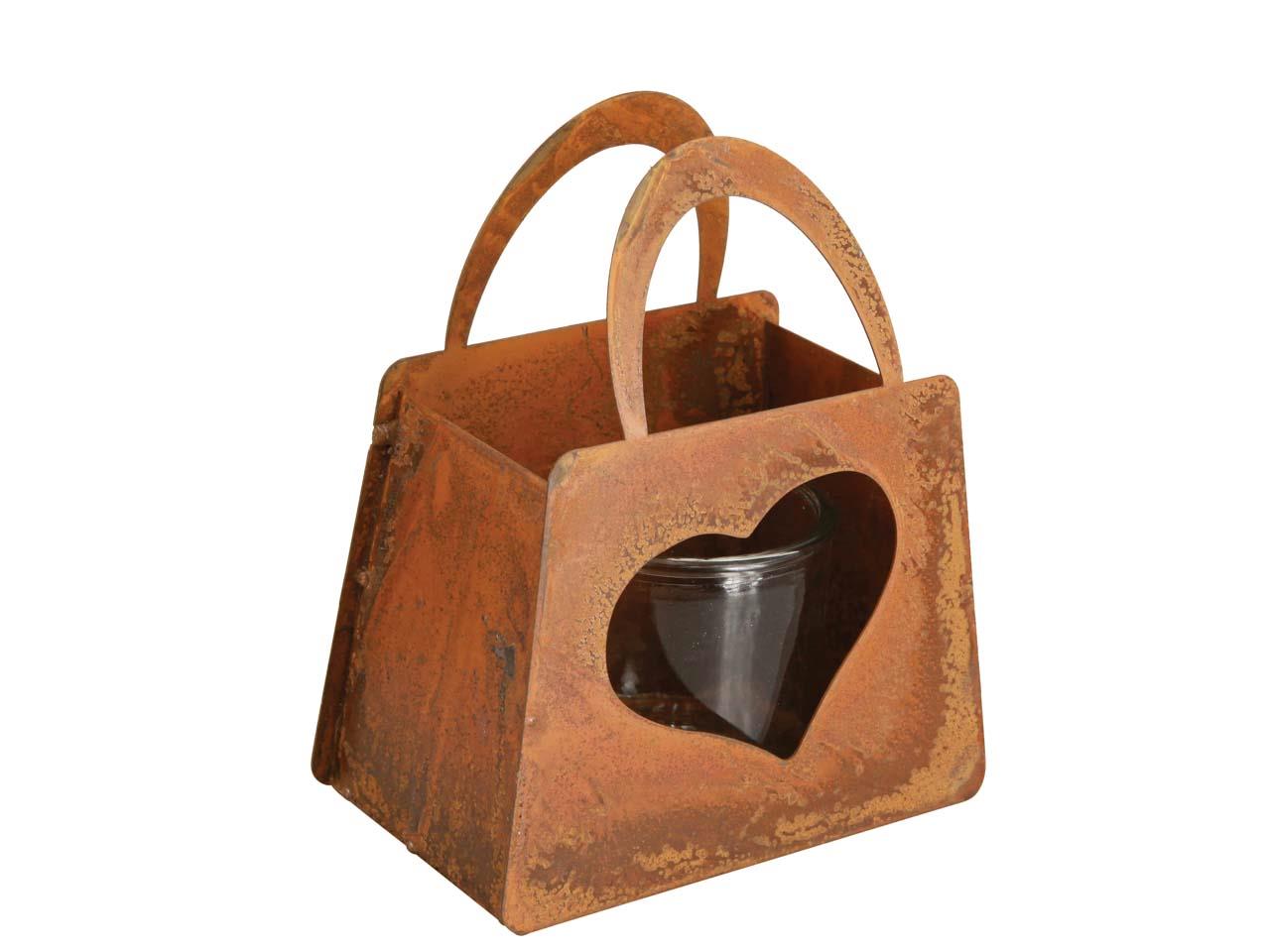 Tasche m. Herz und Glaswindlicht Metall rost L21xH25,5cm