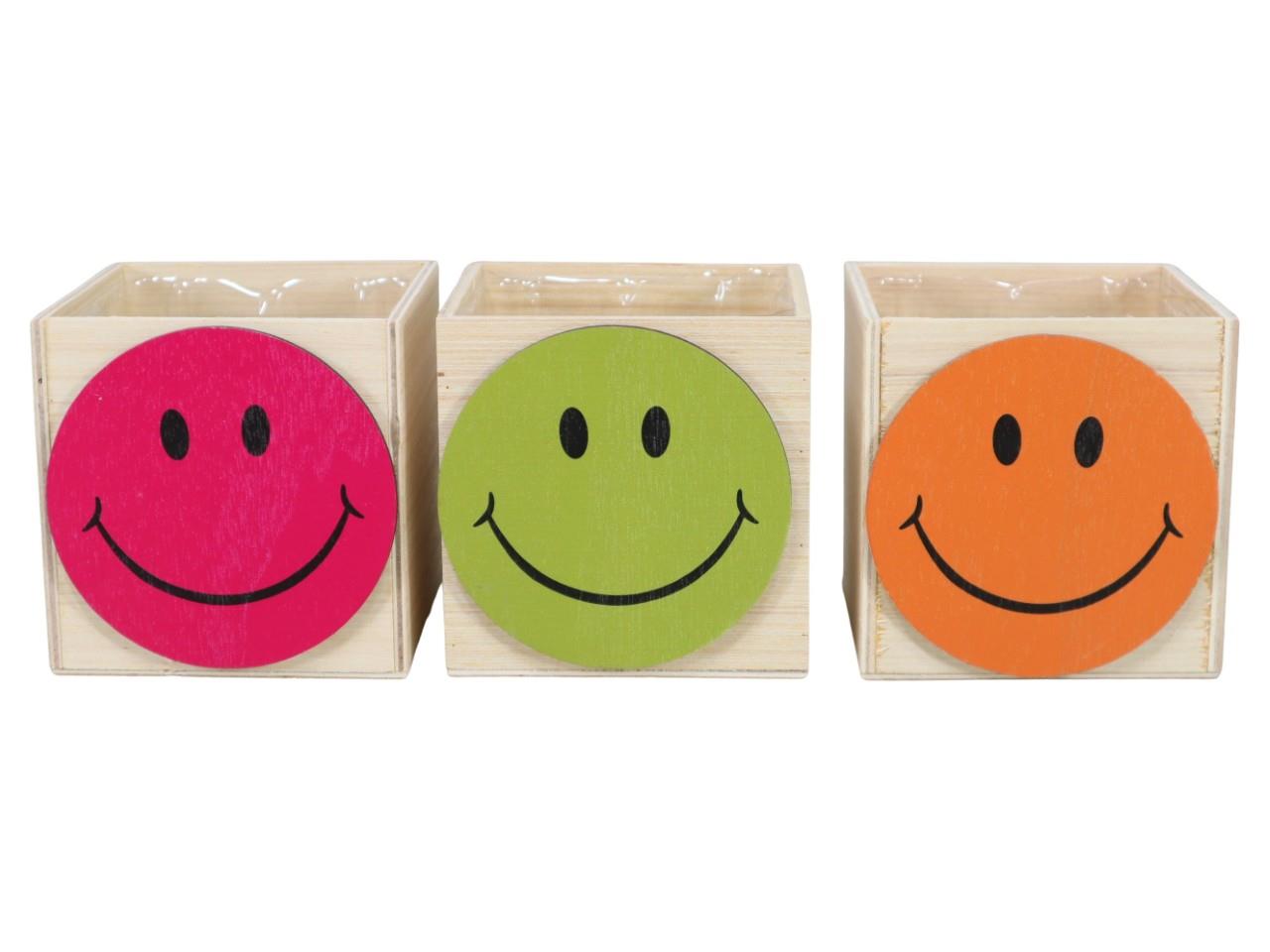 Übertopf Holz mit Smiley 11x11x11cm orange-grün-pink sort.
