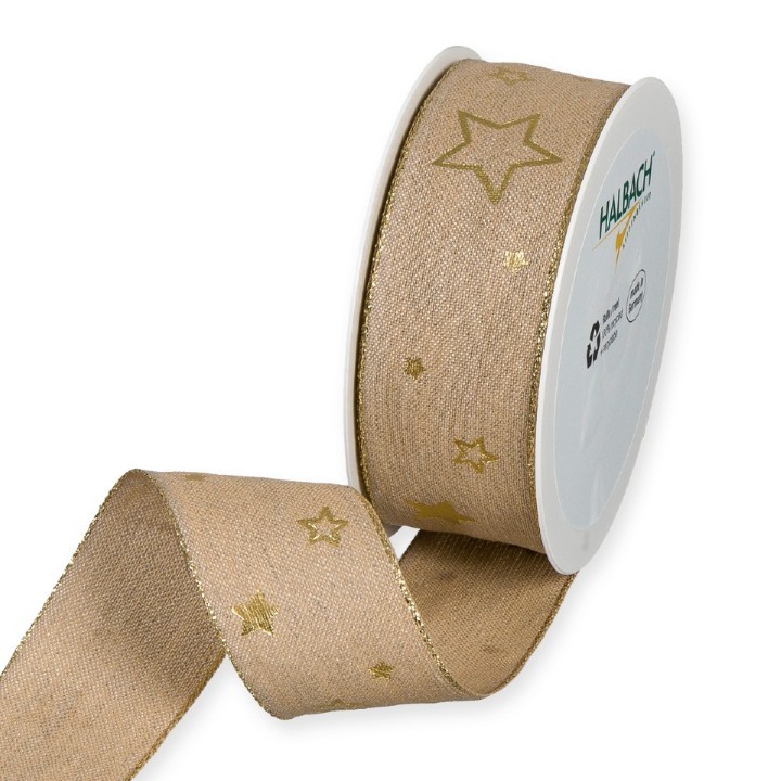 Leinen-Druckband Sterne 40 mm 15m cappuccino/gold 783