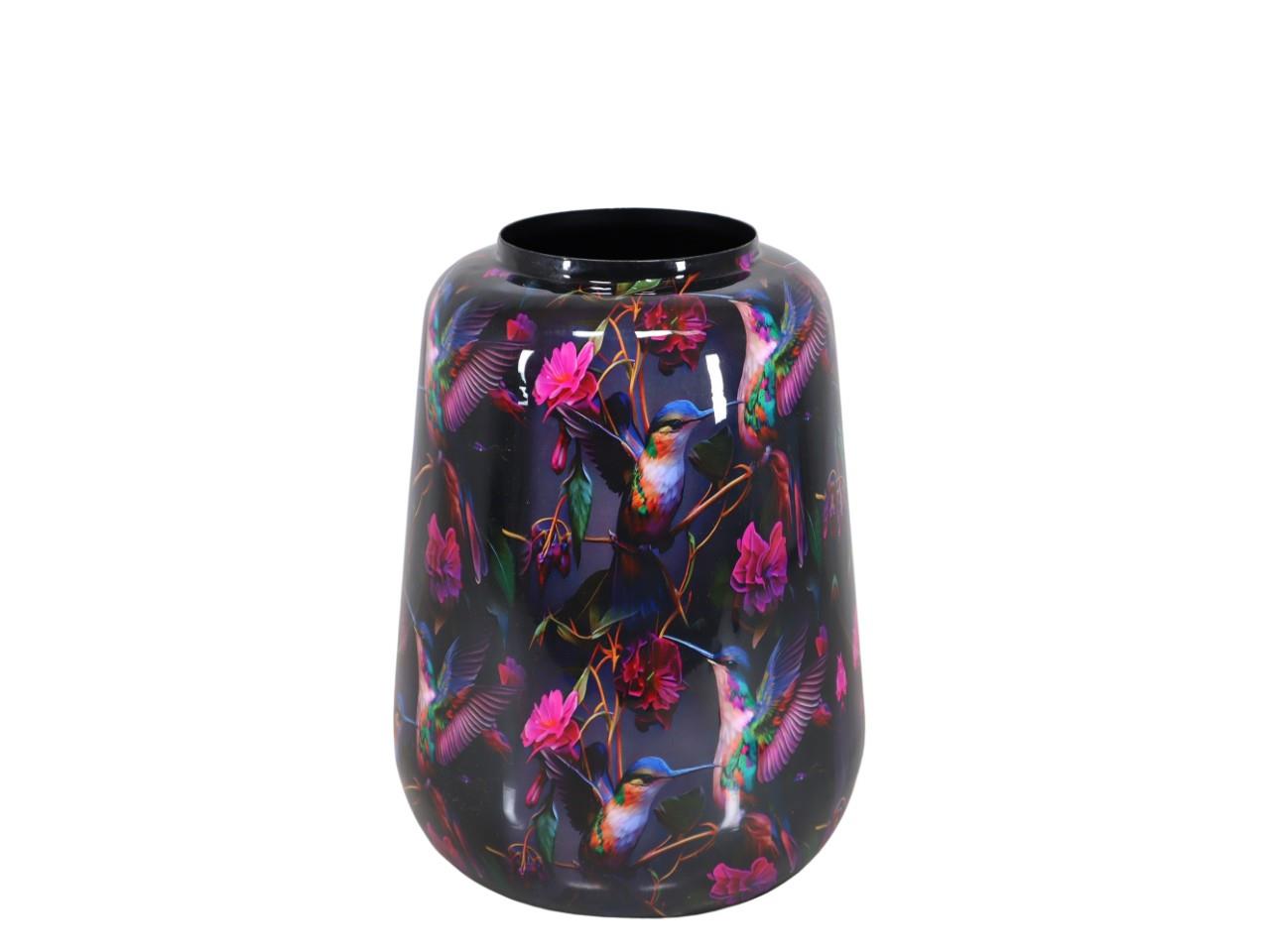 Vase Metall- Emaille Blumen-Vogelmotiv schwarz D27xH34cm