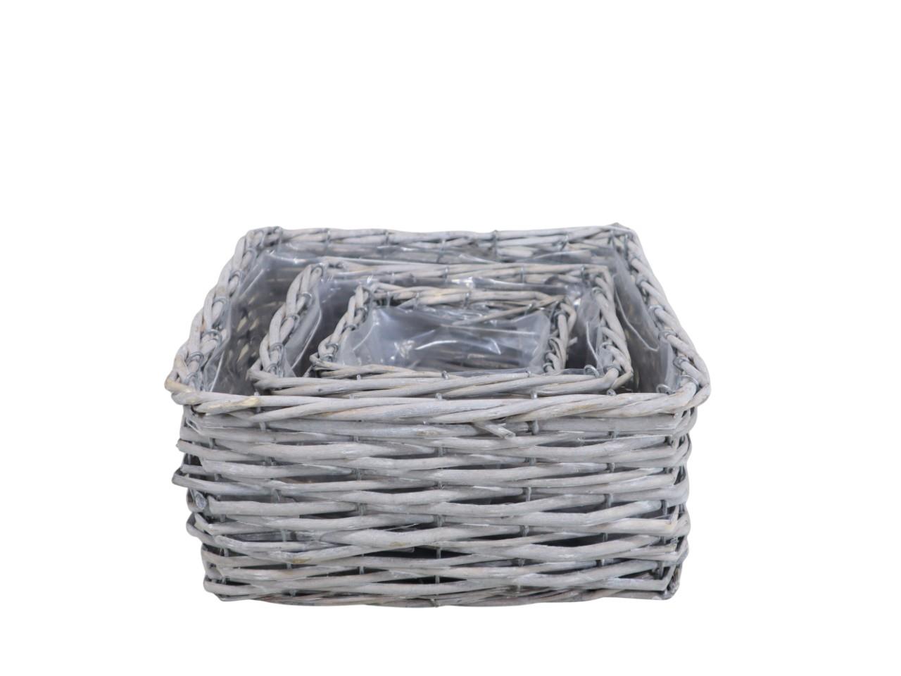 Pflanzkorb quadratisch Weide Set/3 grau D25x25cm