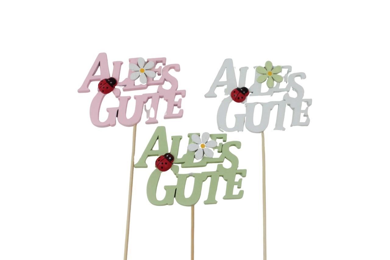 Stecker Schriftzug Alles Gute Holz pastellmix D8x6cm + Pin