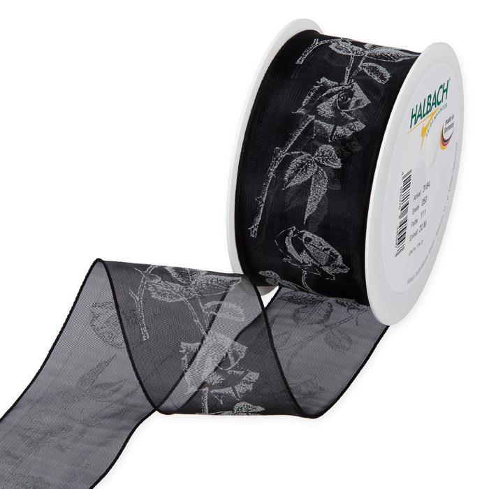 Trauerflor Organza Rosendruck 50 mm 20 Meter black/grey 111