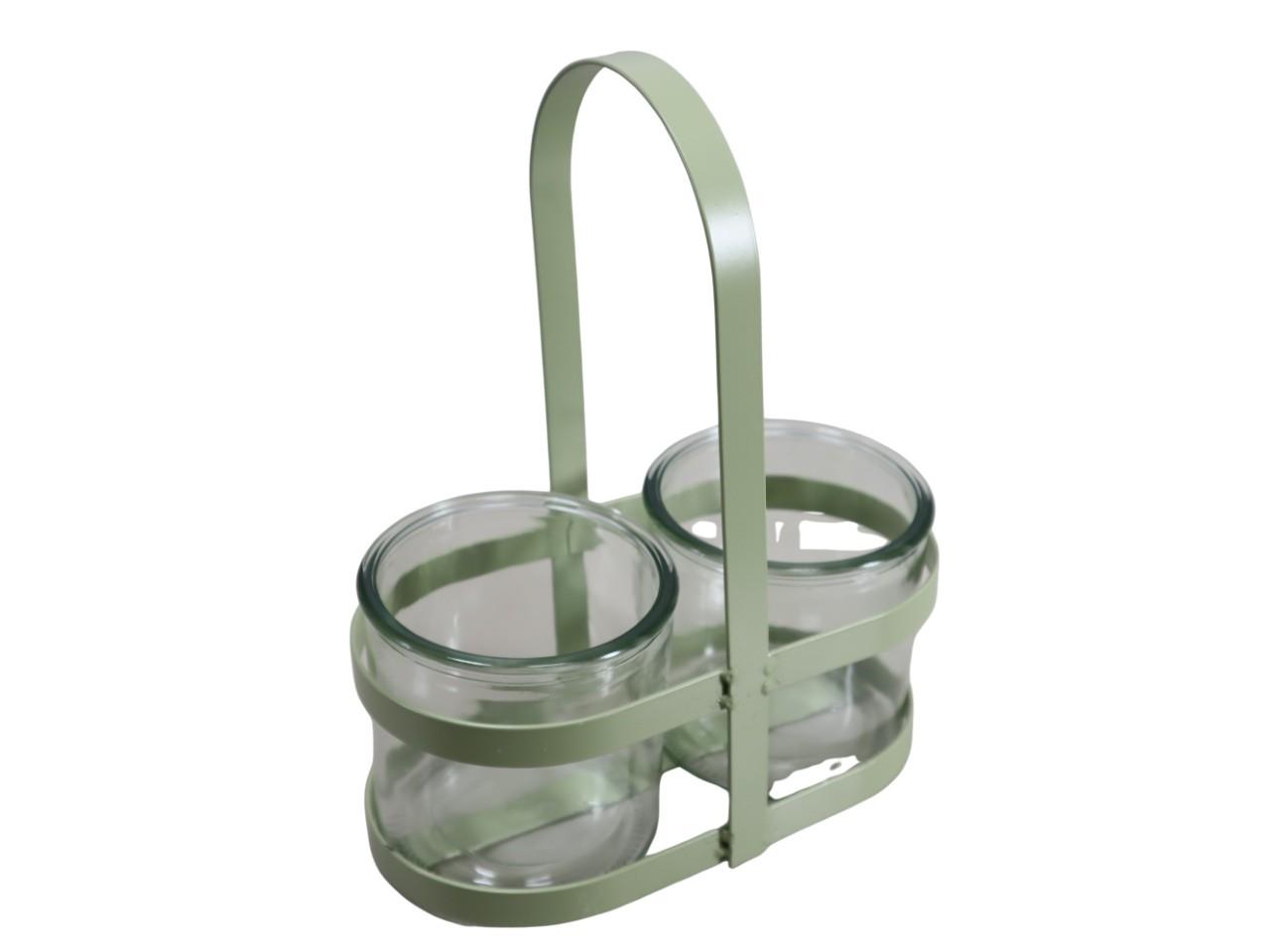 Tragerl Metall grün mit 2 Gläsern L20xH25cm NETTO