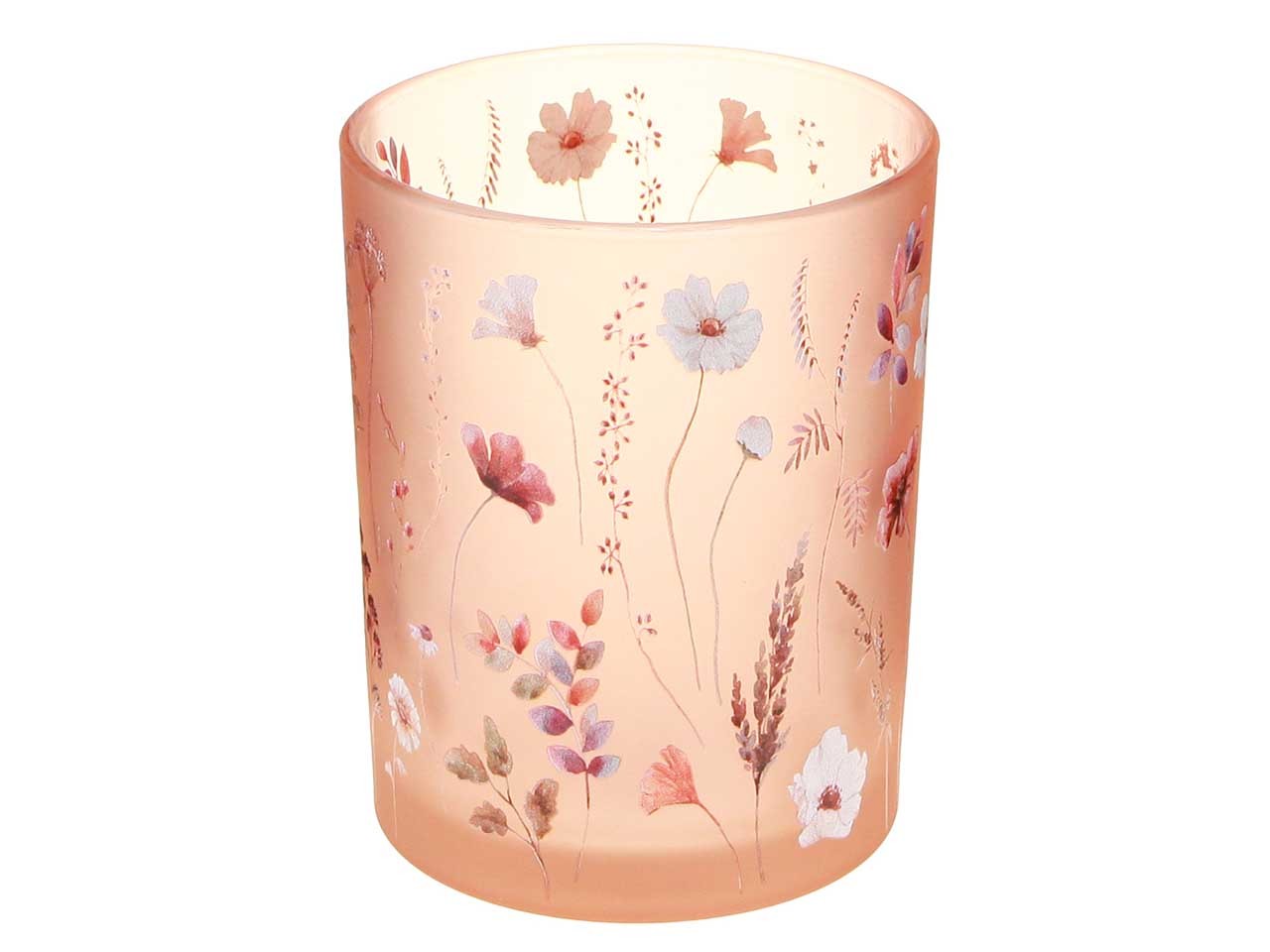 Windlicht m. Blumendeko Glas apricot D12cm H18cm