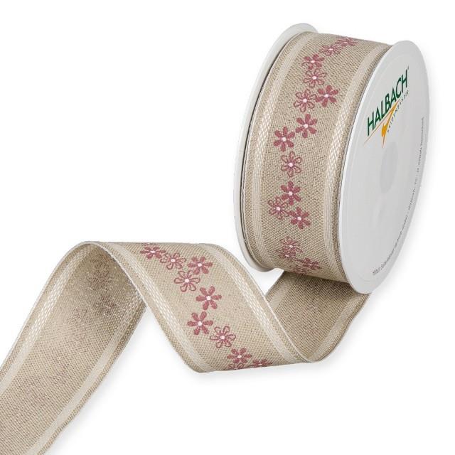 Leinen-Druckband Blümchen 40 mm 12 Meter pale berry/white510