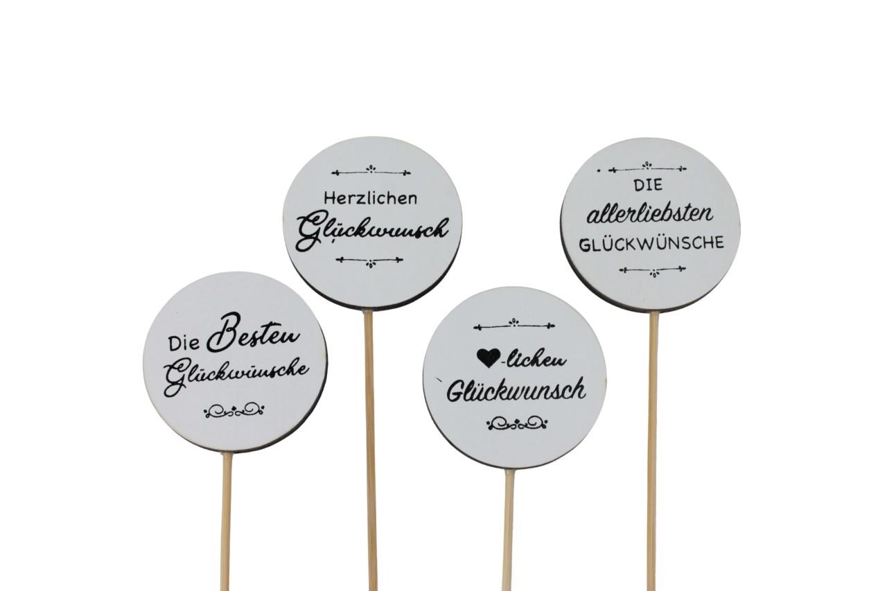 Stecker Rondo 4f.-sortiert "Glückwunsch" Holz weiss D5cm