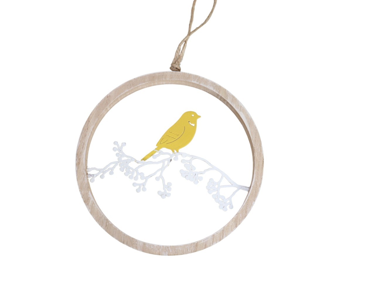 Hänger Holzring m. Vogel Metall auf Ast gelb/weiß D20,5cm