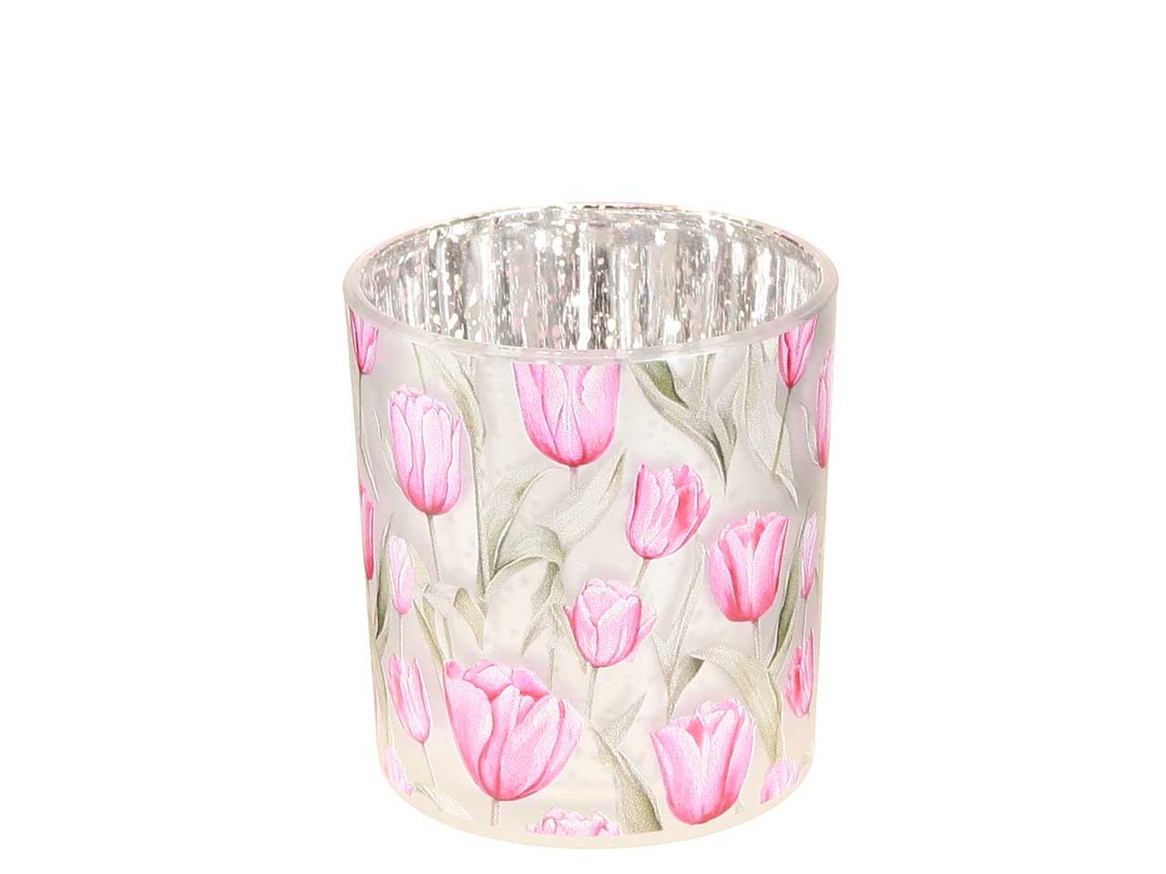 Windlicht m. Tulpen Glas rosa-silber D10cm H12,5cm