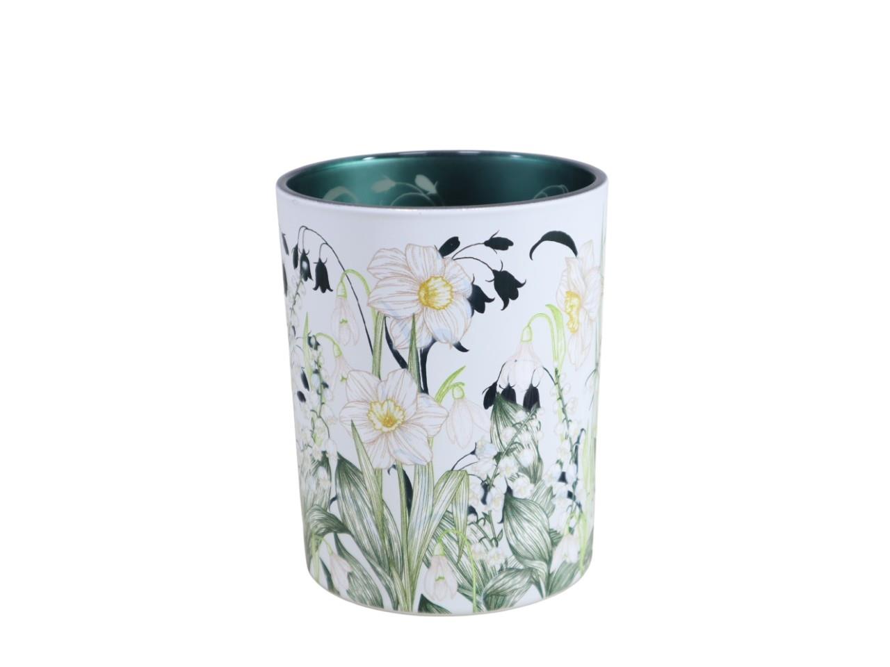 Windlicht m. Blumen Glas weiß-grün D10cm H12,5cm