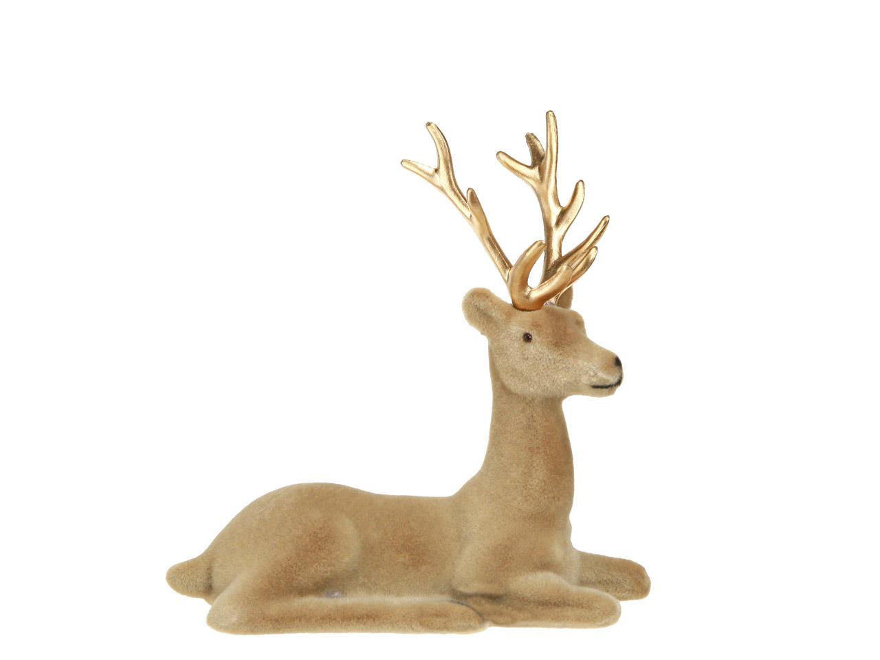 Hirsch sitzend beflockt Kunststoff hellbraun&gold 15,3cm