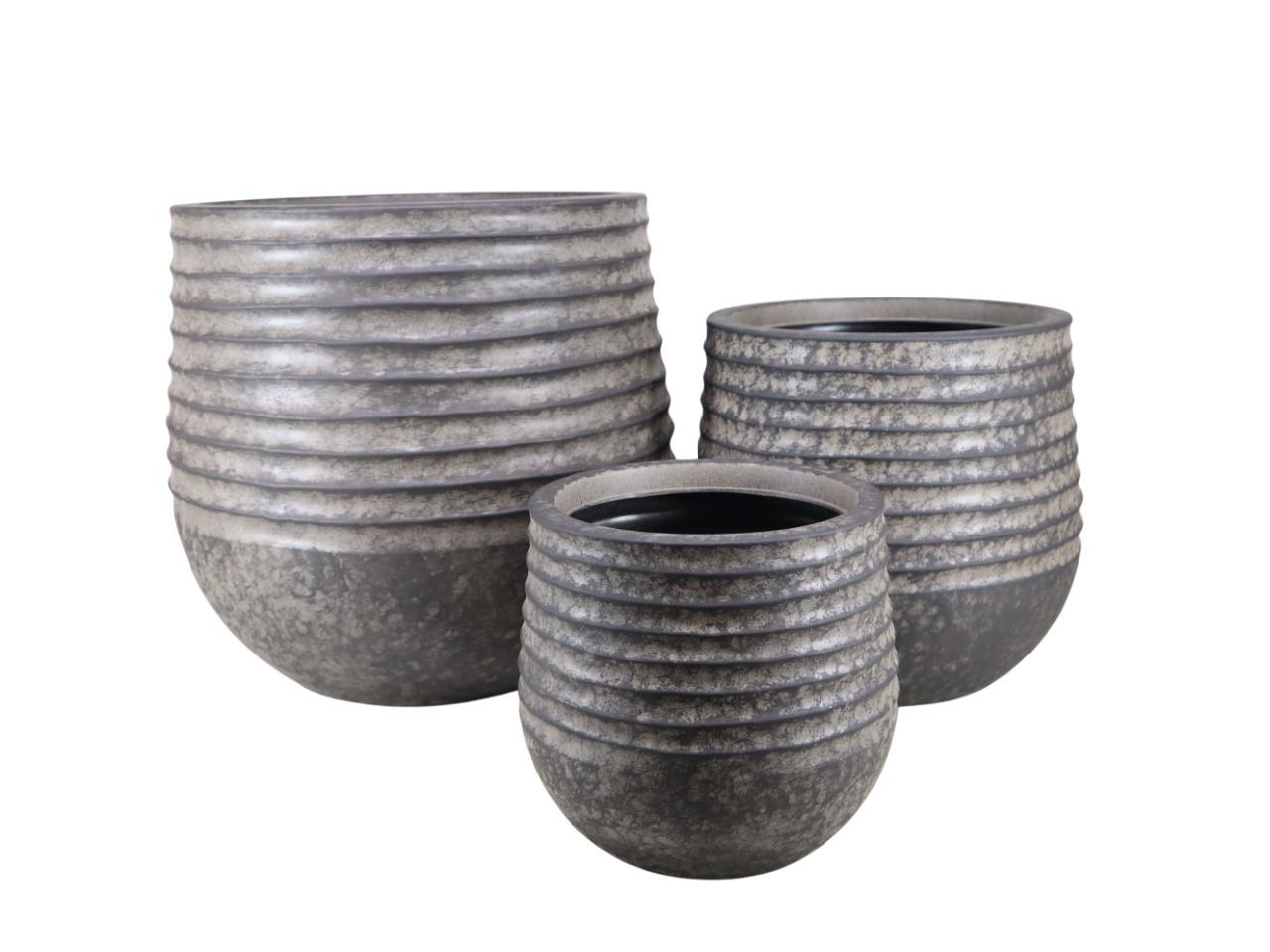 Übertopf rund Rillendekor vintage schwarz Kunststoff Set/3