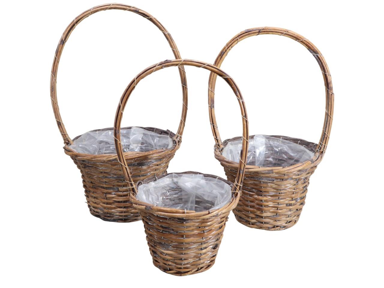 Pflanzkorb m. Henkel Rattan Set/3 D17-24 cm natur gekalkt