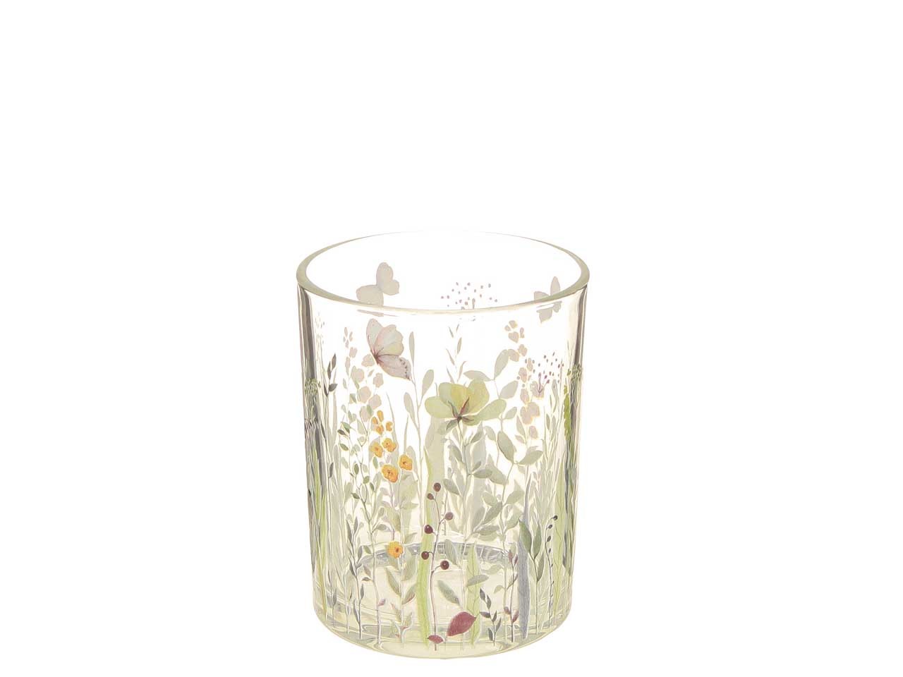 Windlicht m. Blumenwiese Glas klar D7,3cm H8cm