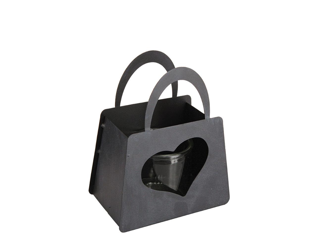 Tasche m. Herz und Glaswindlicht Metall anthra L21xH25,5cm