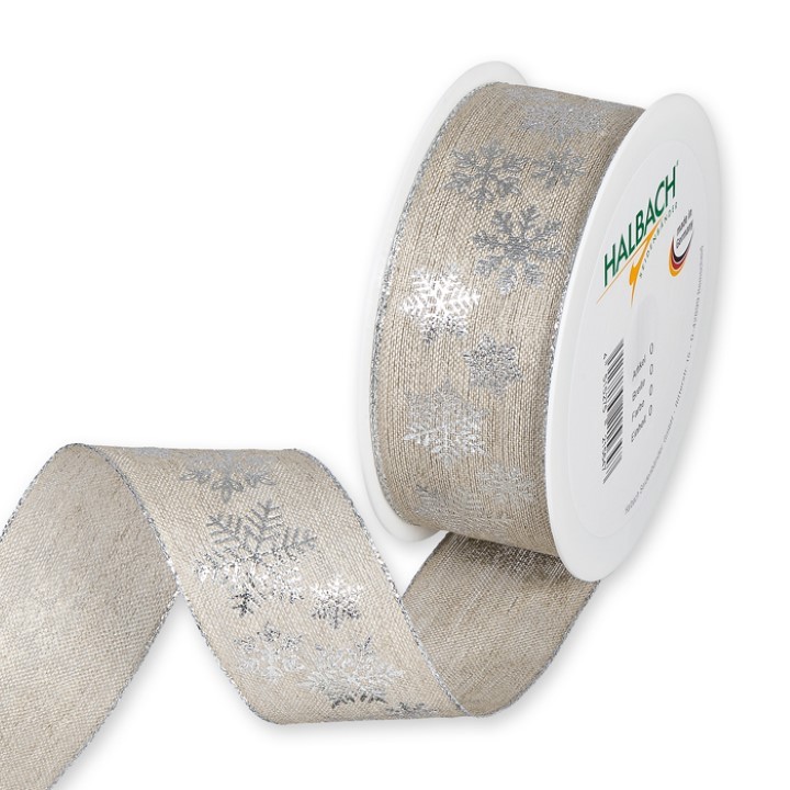 Leinendruckband Schneesterne 40 mm 15 Meter linen/silver 211