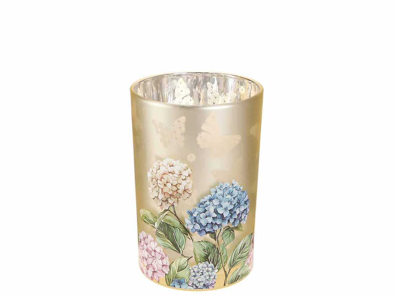 Windlicht m. Motiv Hortensie Glas D12cm H18cm