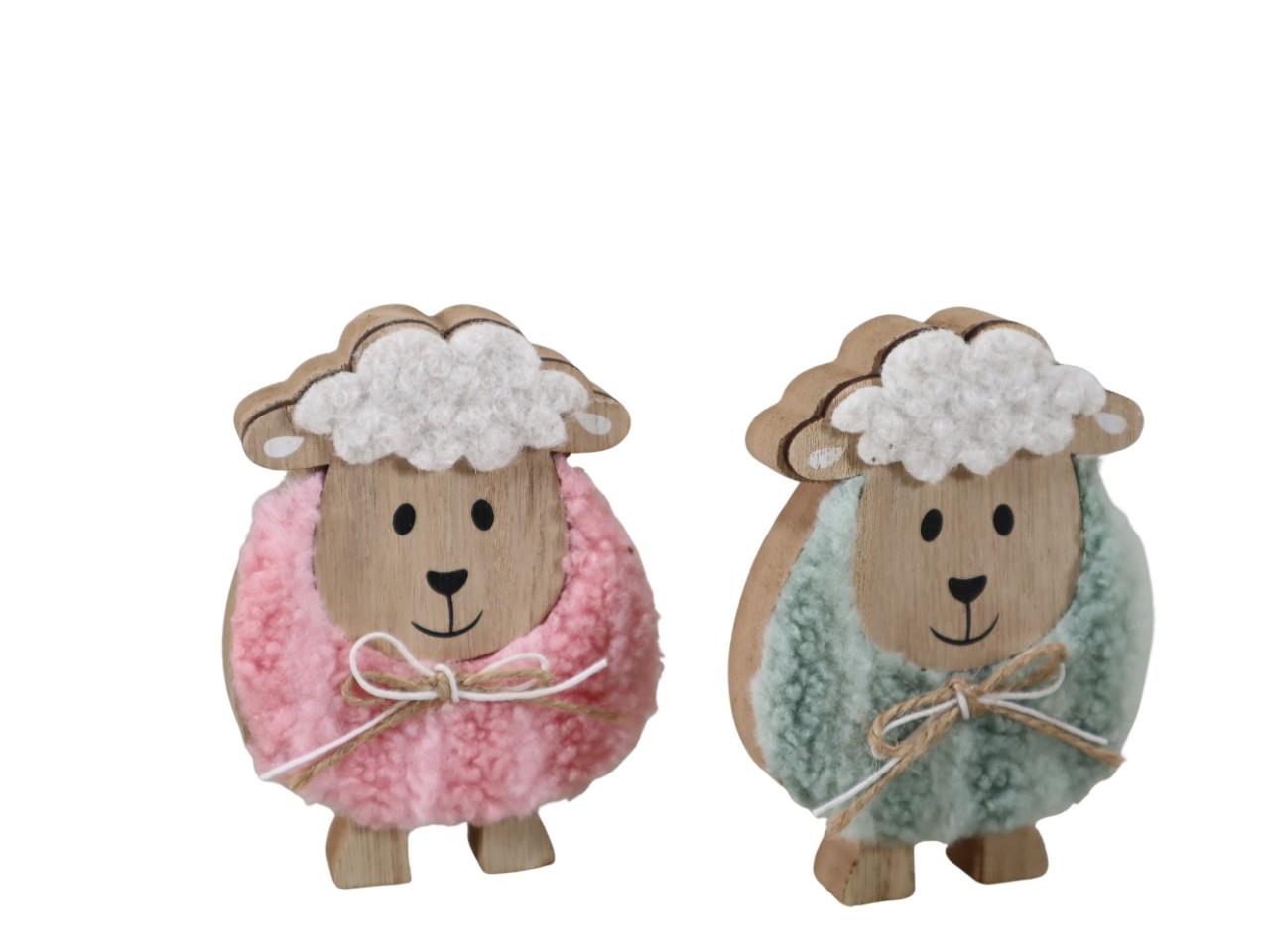 Aufsteller Schaf Holz/Teddyfell rosa-grün H11,3cm