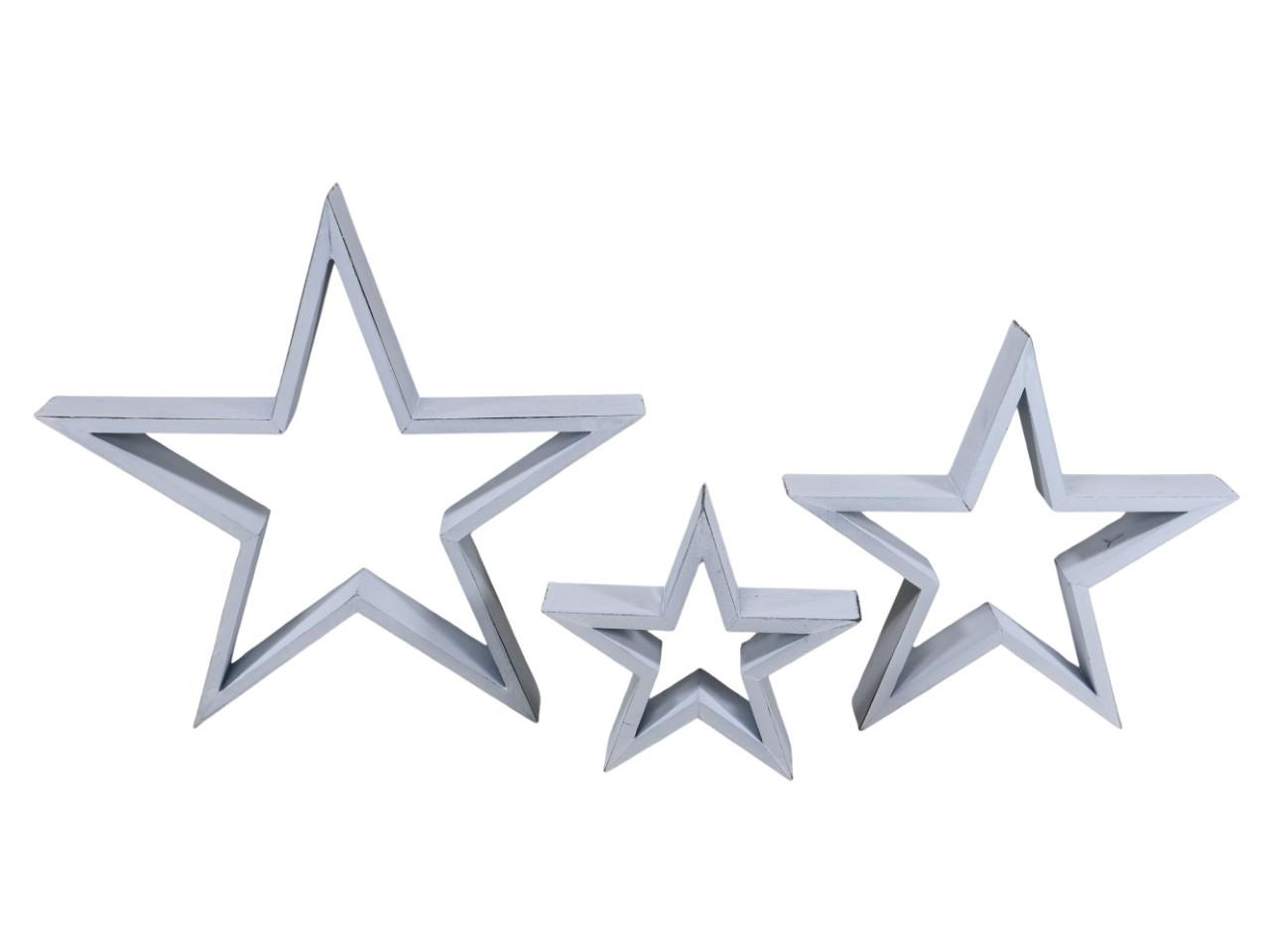 Stern Set/3 Holz weiß D 35,25,18 cm