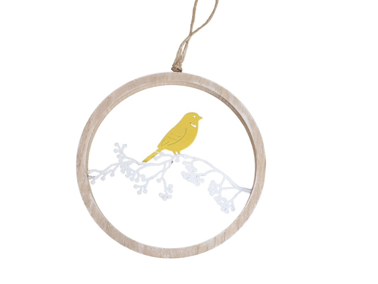 Hänger Holzring m. Vogel Metall auf Ast gelb/weiß D20,5cm