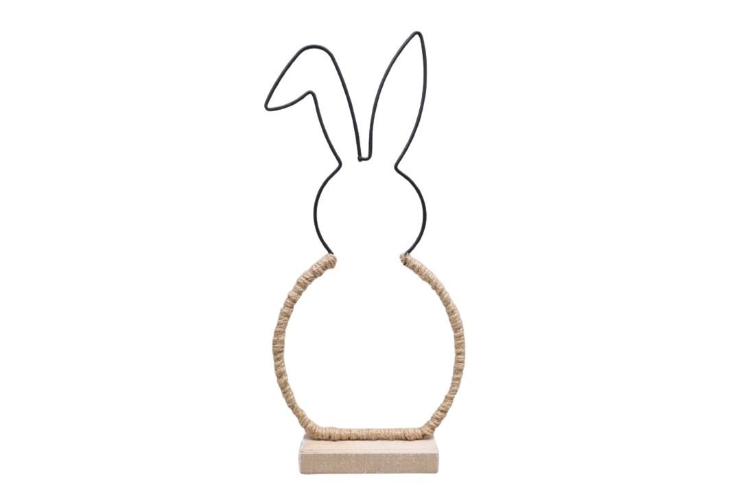 Hase Metall schwarz mit Jute auf Holzplatte H32,5cm