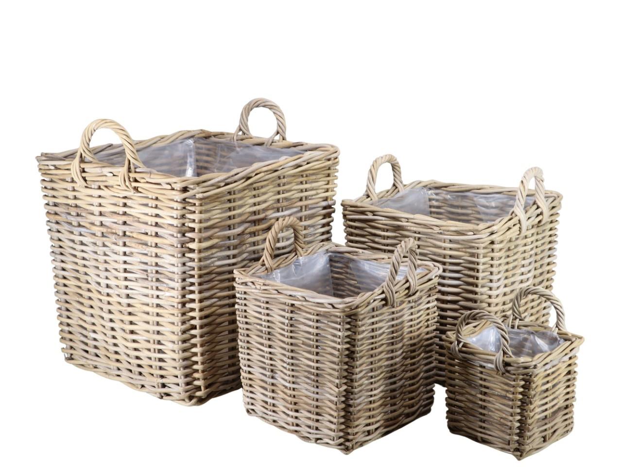 Pflanztopf Kubu-Rattan eckig m. Griffen grau Set/4 D49-20cm