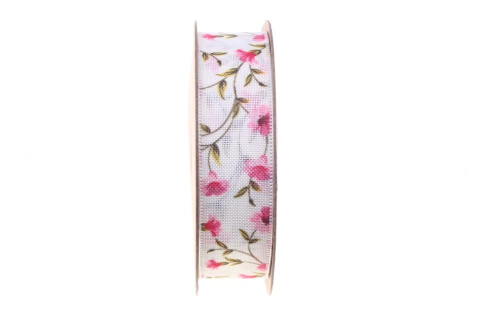 Band Florina 25 mm 15 Meter rosa Blüten auf creme 410