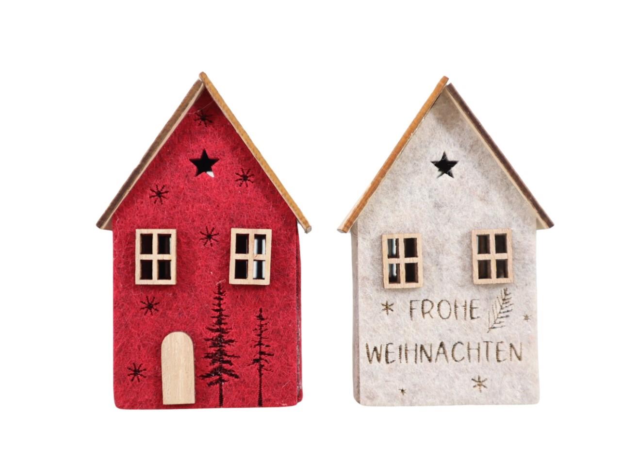 Haus stehend Filz m. Holzdach braun/rot D6xH10,5cm