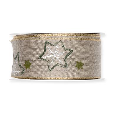 Leinen-Druckband Sterne 40 mm 12 Meter green/white/gold 348