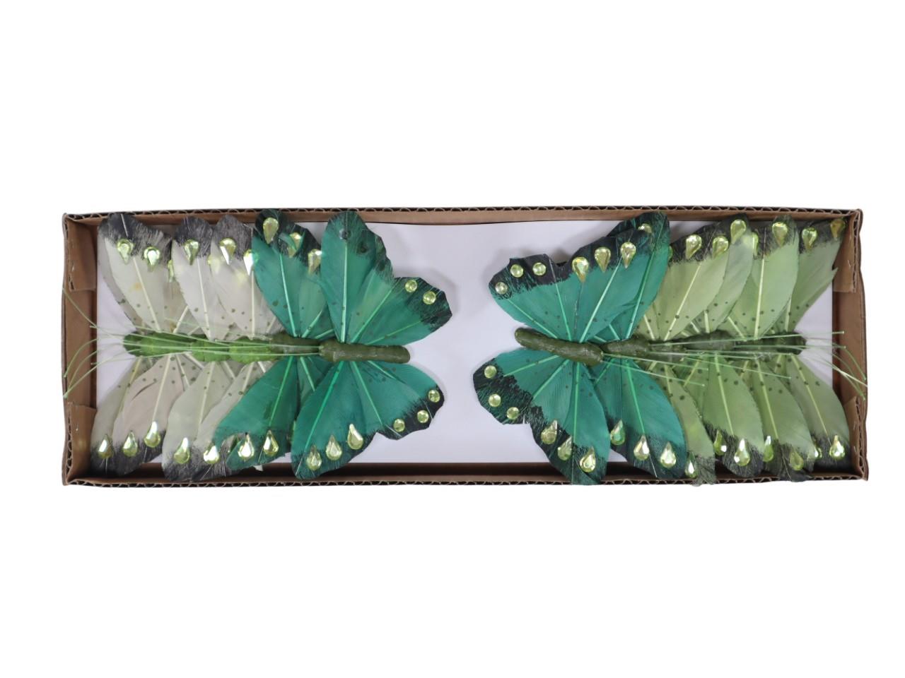 Stecker Schmetterling m. Glitzer/Federn grün sort. 10cm