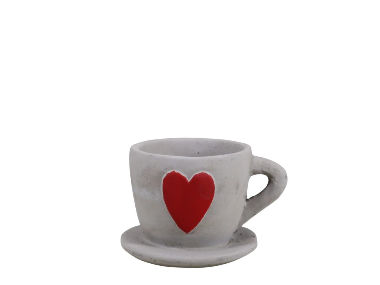 Tasse m. Herz Zement grau-rot D9,5xH6,5cm