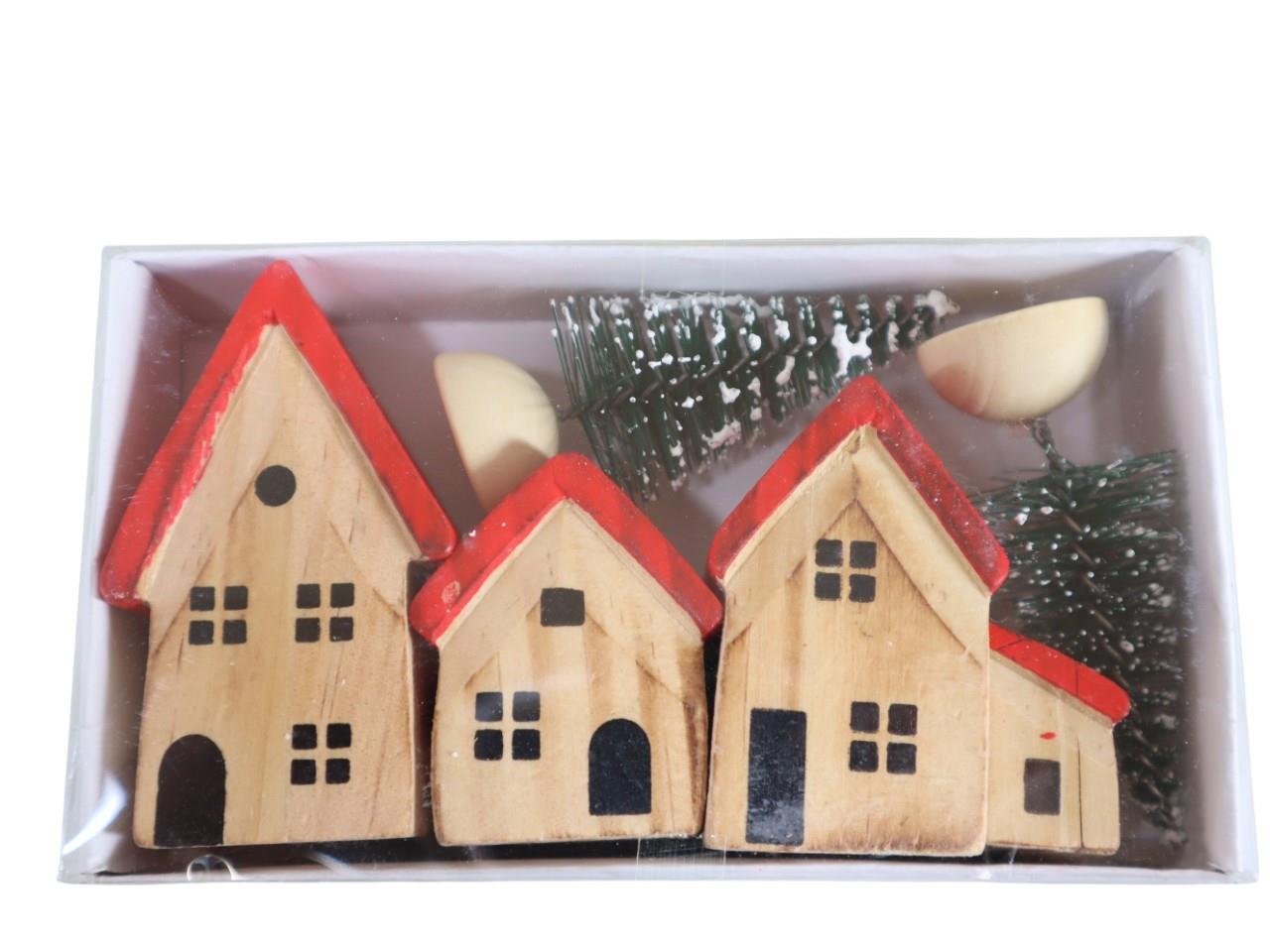 Häuserset mit Bäumen 6fach Holz H2,5-7cm