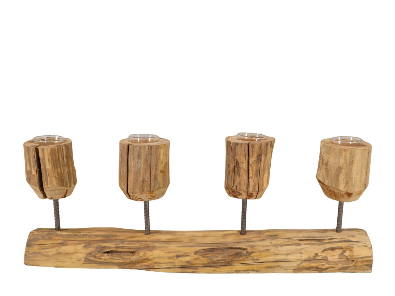 Kerzenhalter 4-fach Holz natur m. Teelichtgläser  L57xH20 cm
