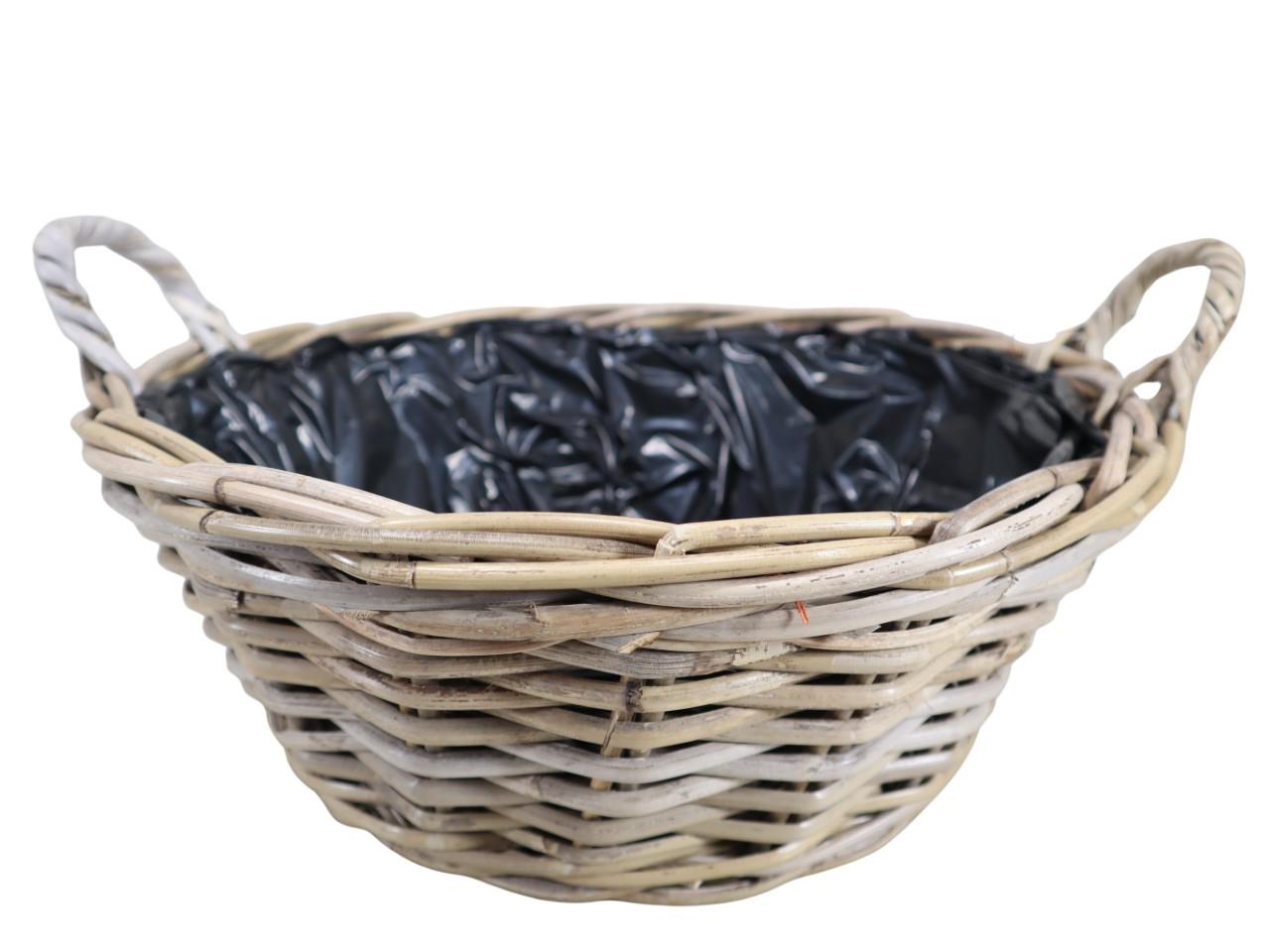 Pflanzschale m. Henkel Kubu-Rattan grau D40xH15cm