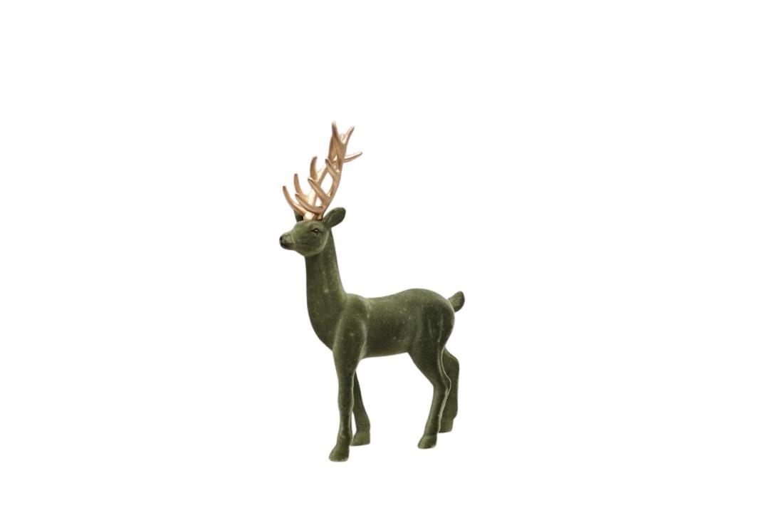 Hirsch beflockt oliv Kunststoff mit goldenem Geweih H37cm