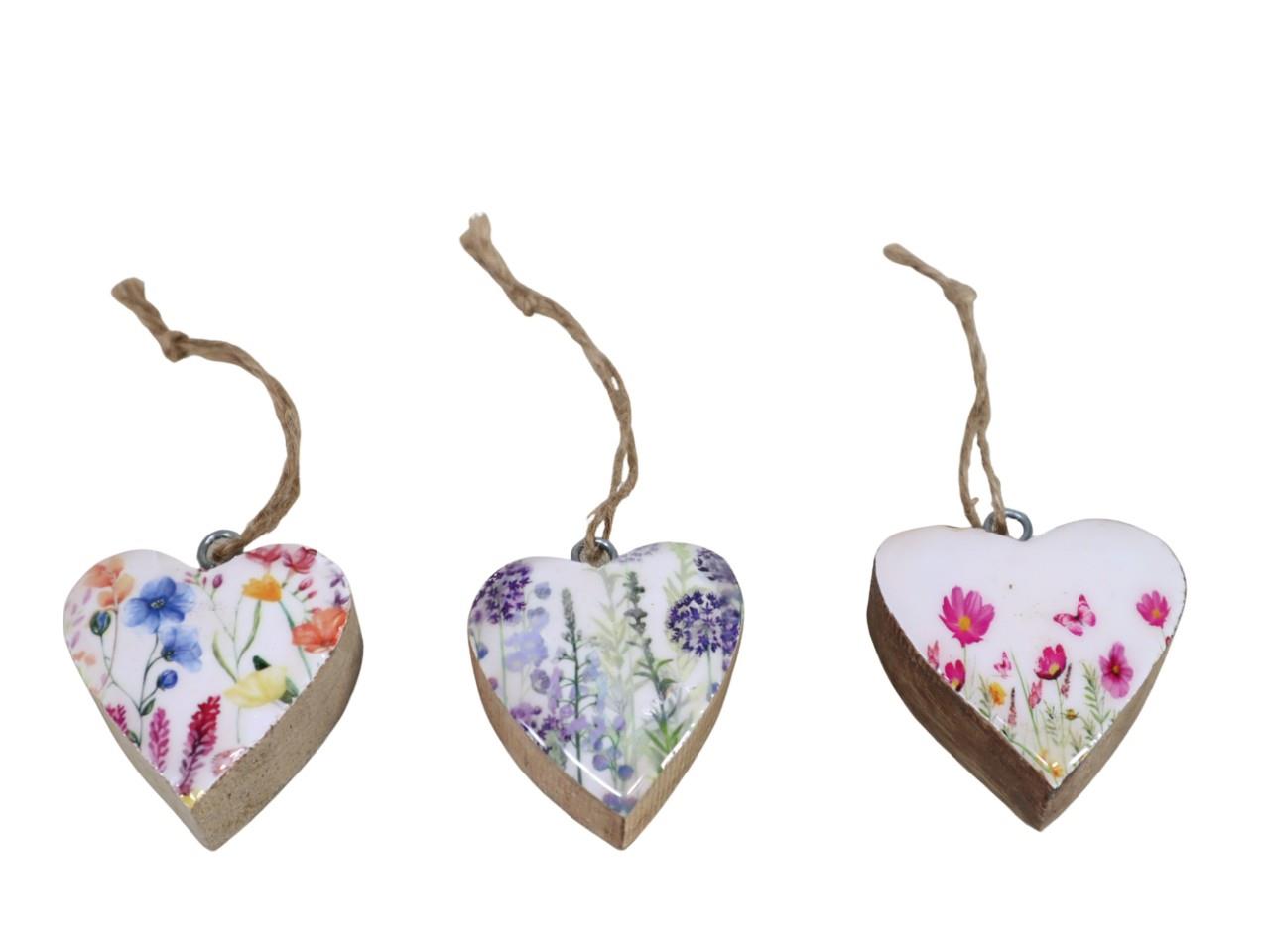 Herz hängend an Juteschnur Holz Blumenmotive 5cm