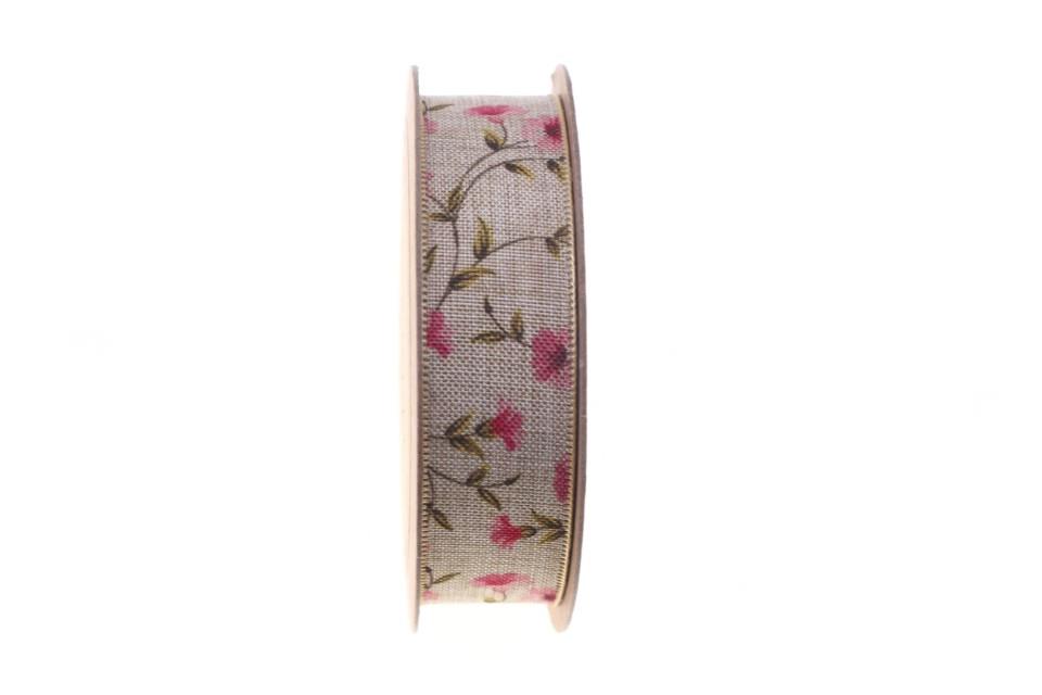 Band Florina 25 mm 15 Meter rosa Blüten auf natur 420