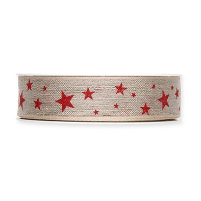 Leinen-Druckband Sterne 25 mm 15 Meter natur/red 65