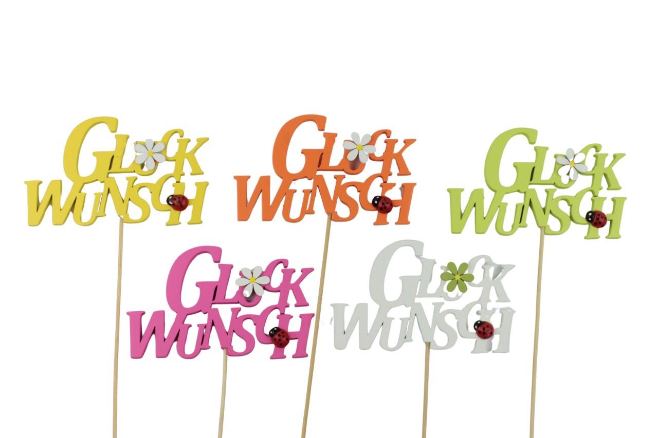 Stecker Glückwunsch Holz bunt 10,5x6,5cm + Pin