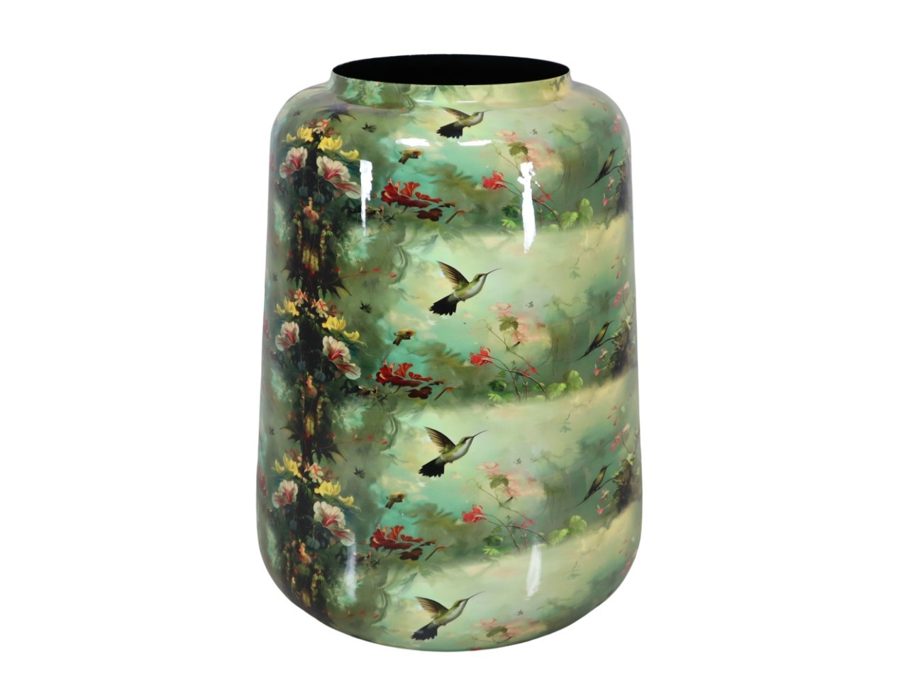 Vase Metall- Emaille Blumen-Vogelmotiv grün D31xH48cm